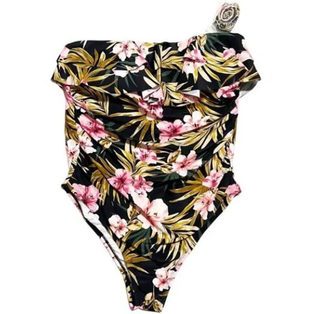 NWT Kona Sol Double Flounce Front High Coverage One Piece Floral Swimsuit Size L